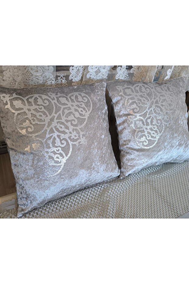 2 Pieces Velvet Cushion Cover/40X40Cm/Silvery Faux Leather Embroidered/Grey Silver