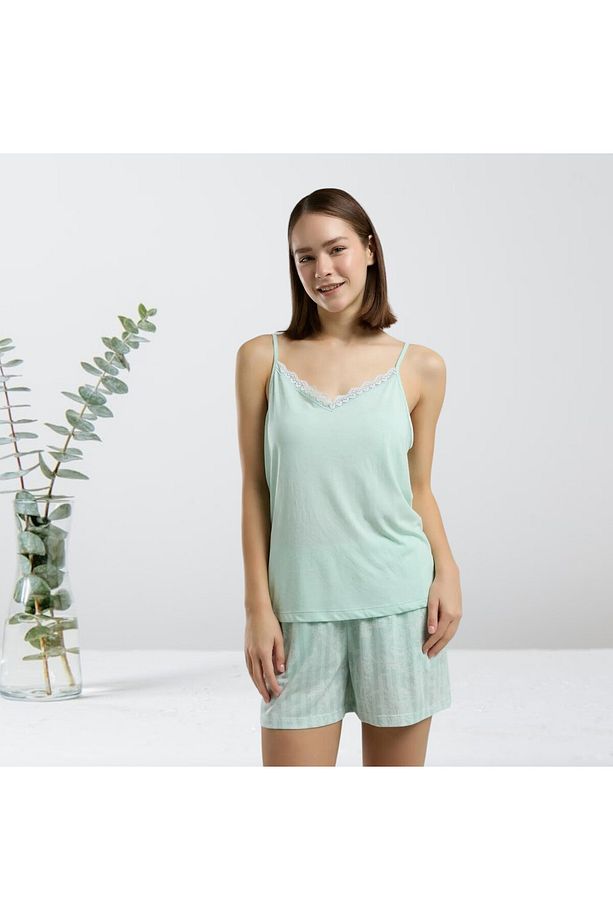 Yeşil Askılı  Atlet&Şort Sabahlıklı 3'lü Viskon Pijama Takımı T6HCL8VR.9P.6.PC - 3