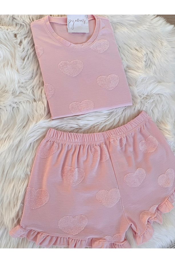 Pembe Kalp Dokulu Fırfır Detaylı Jakarlı Şortlu Pijama Takımı - 2