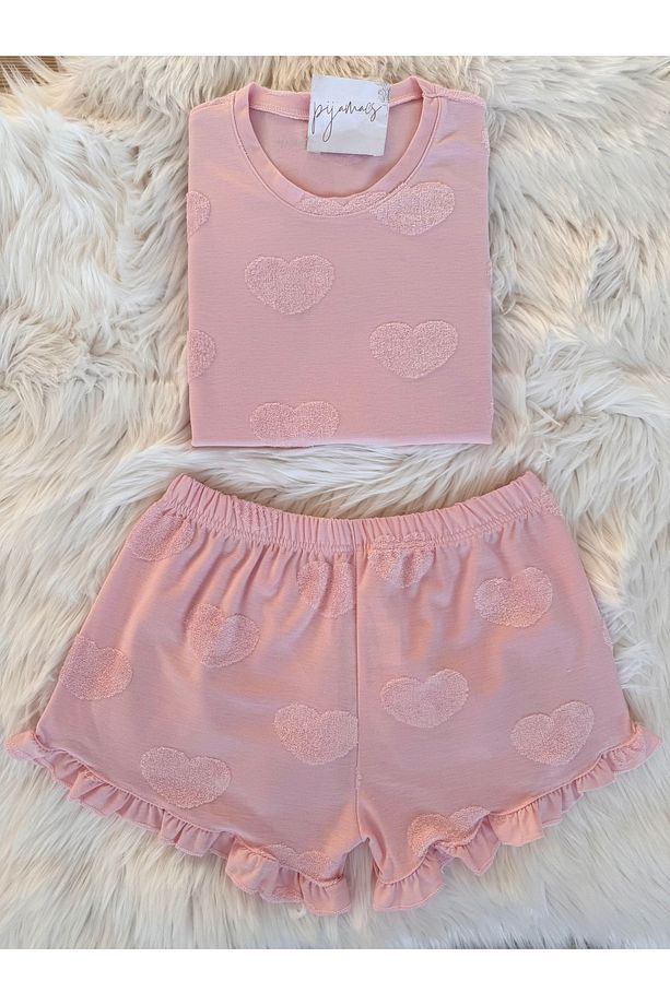 Pembe Kalp Dokulu Fırfır Detaylı Jakarlı Şortlu Pijama Takımı - 1