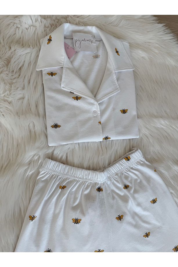 Minik Arı Desenli Pamuklu Kısa Kol Gömlek Yaka Şortlu Pijama Takımı - 3