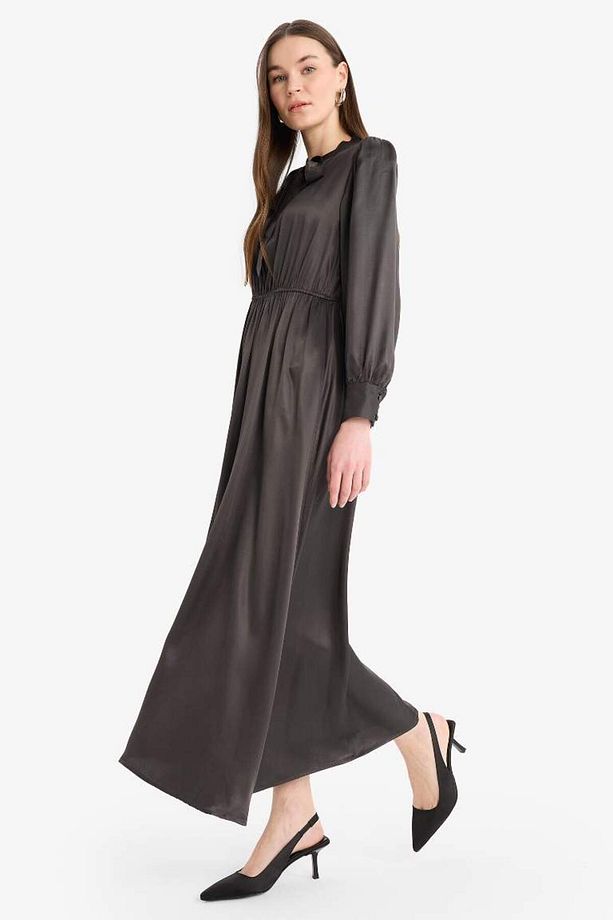 Regular Fit Fiyonk Yaka Saten Uzun Kollu Midi Elbise F0819ax25sp - 2