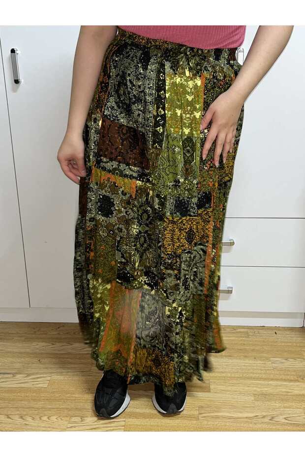 Bohemian, Ethnic Printed Long Skirt, Holiday Beach Dress, Elastic Waist, Mevlana Viscose with 3 Layers of Ruffles