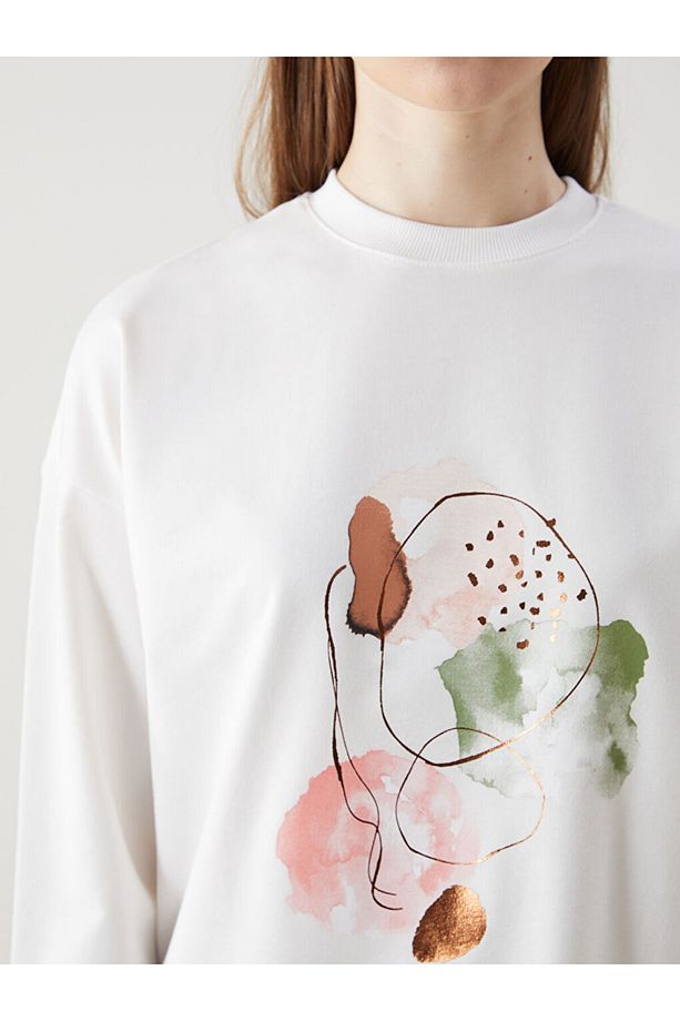 LCW Modest Bisiklet Yaka Baskılı Oversize Kadın Sweatshirt Tunik - 3
