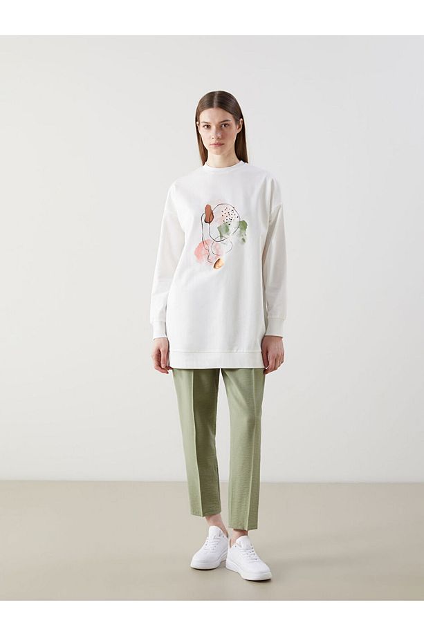 LCW Modest Bisiklet Yaka Baskılı Oversize Kadın Sweatshirt Tunik - 2