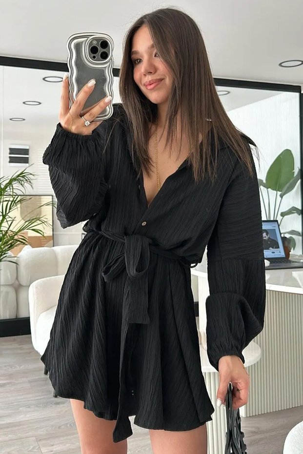 Long Sleeve Casual Relief Fabric Lapel Button Up Boyfriend Shirt Style Romper with Shorts