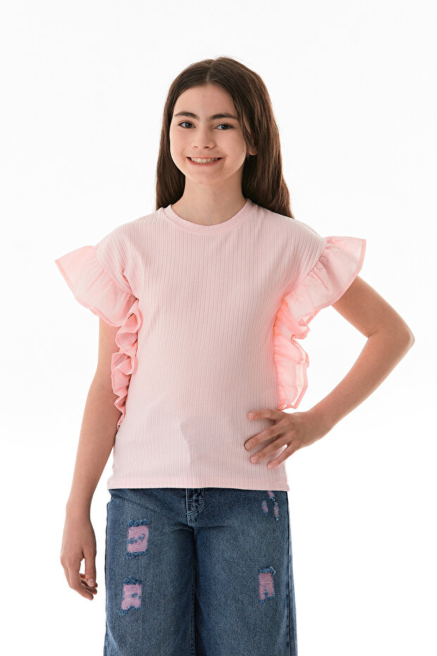 Ribbed Girl's Blouse with Flounces on the Sides
