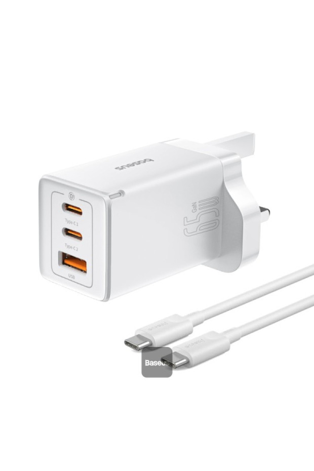 شاحن سريع GaN5 Pro بمنفذين Type C + USB - 65 واط - أبيض - كابل Type-C - 100 واط - 1 متر - أبيض