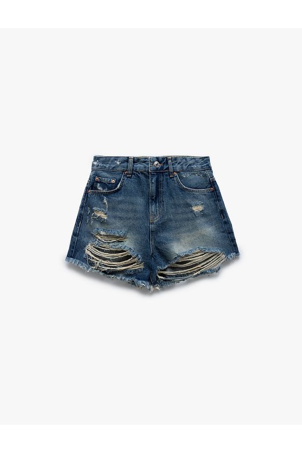 Yıpratma Detaylı Düğmeli Cepli Yüksek Bel Mini Denim Şort - 4