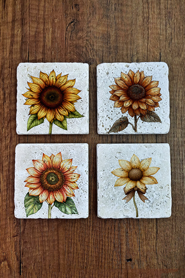 Natural Stone Coasters - Yellow Flowers Themed 10X10Cm Stone Coasters