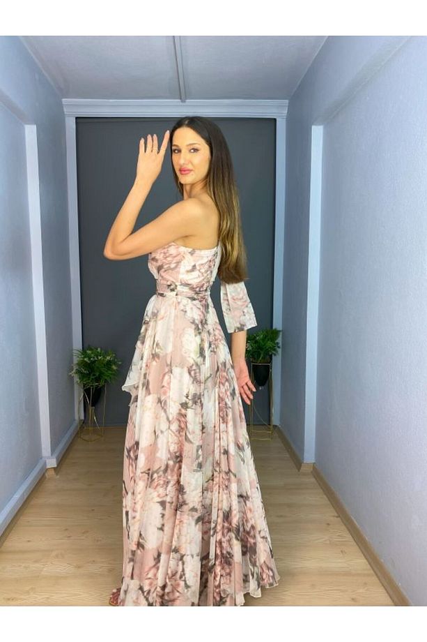 Pudra Desenli Şifon Tek Omuz Yırtmaçlı Uzun Abiye Elbise - 4