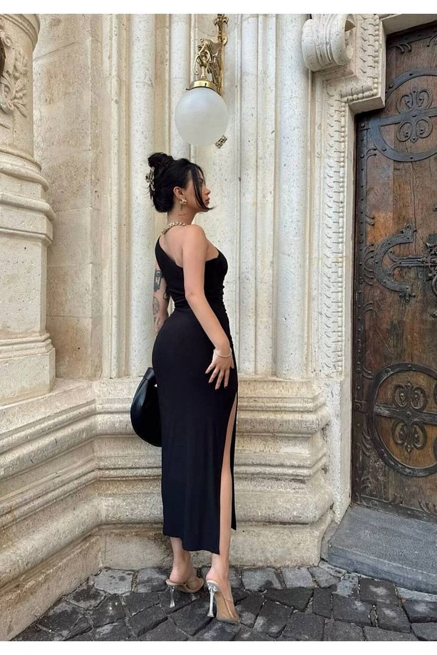 Tek Omuz Drape Detaylı Elbise - 3