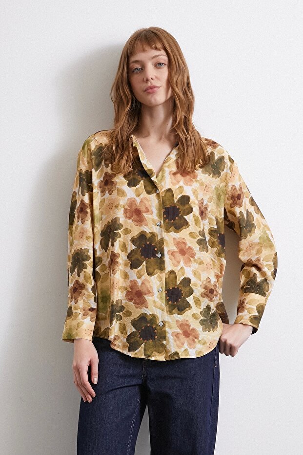 Çiçekli Vual Gömlek Haki - 3