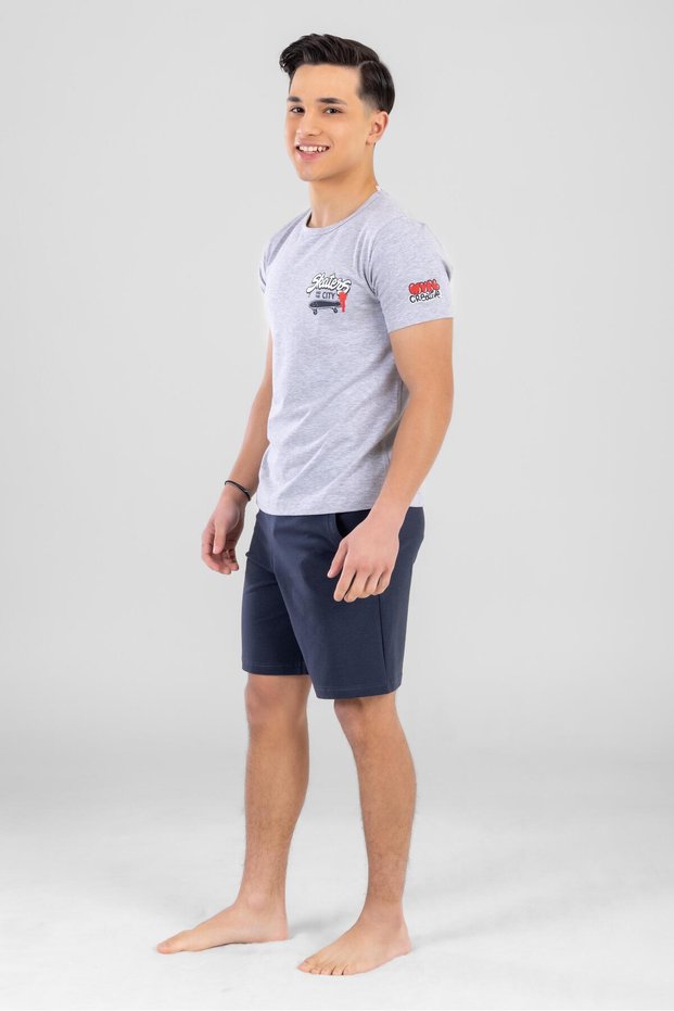 Young Boys Cotton Crew Neck Letter Printed Short Sleeve Shorts Pajama Set 9616 Gray