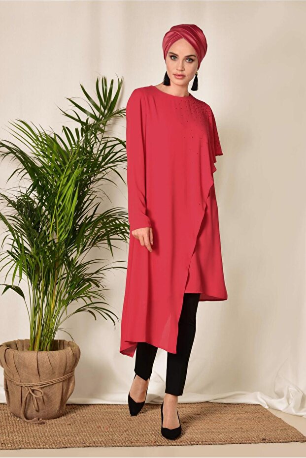 TAŞ DETAYLI VOLANLI ASİMETRİK TUNİK 4990 - 2