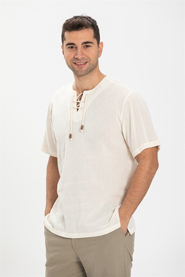 Large Size Short Sleeve Sile Cloth Studded Men's Summer Tshirt Cream 3002