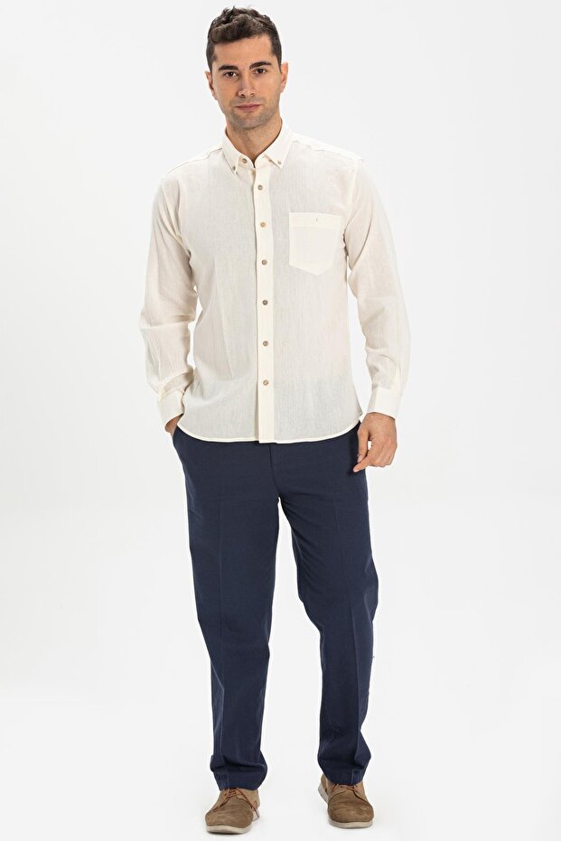 Long Sleeve Slim Fit Şile Cloth Single Pocket Men's Summer Shirt Cream 3002