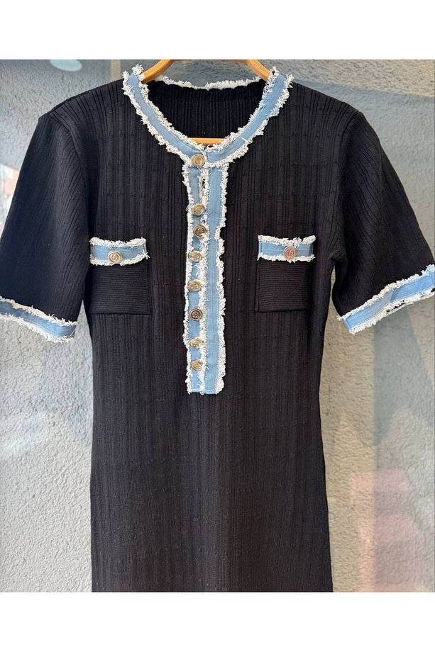 Yeni model-Triko Kot garnili Elbise - 1