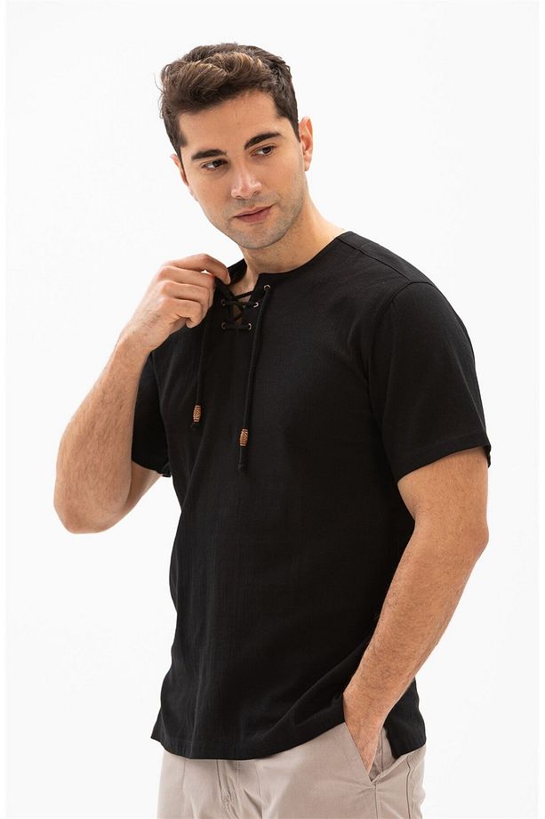 Kısa Kol Şile Bezi Zımbalı Erkek Yazlık Tshirt Siyah 3003 - 3