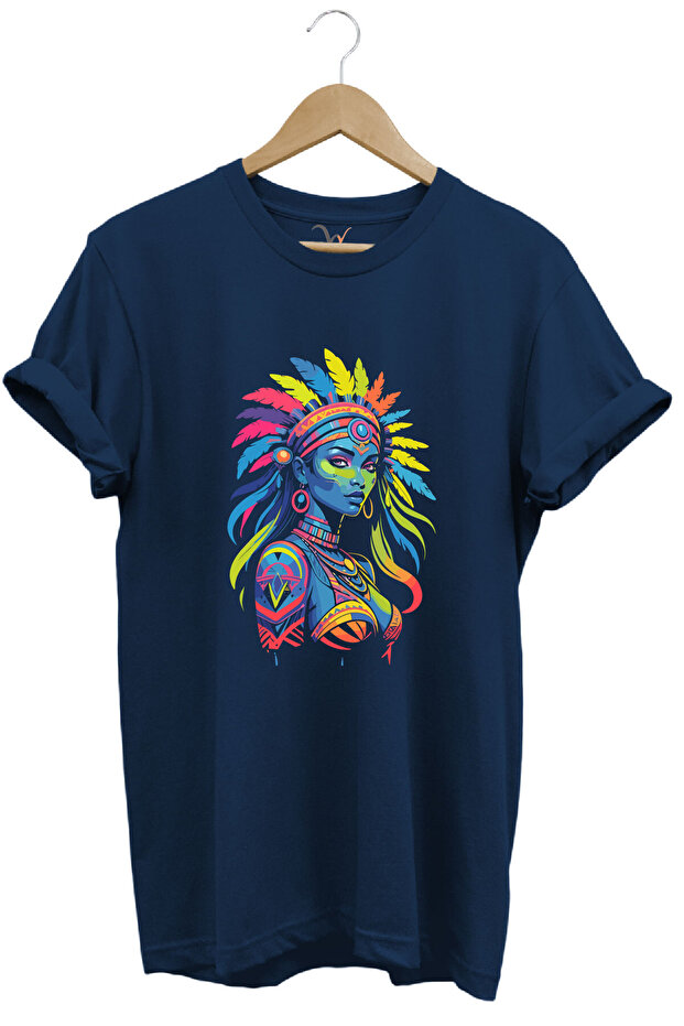 Colorful Native American Printed 100% Cotton Regular Fit Crew Neck Navy Blue T-Shirt