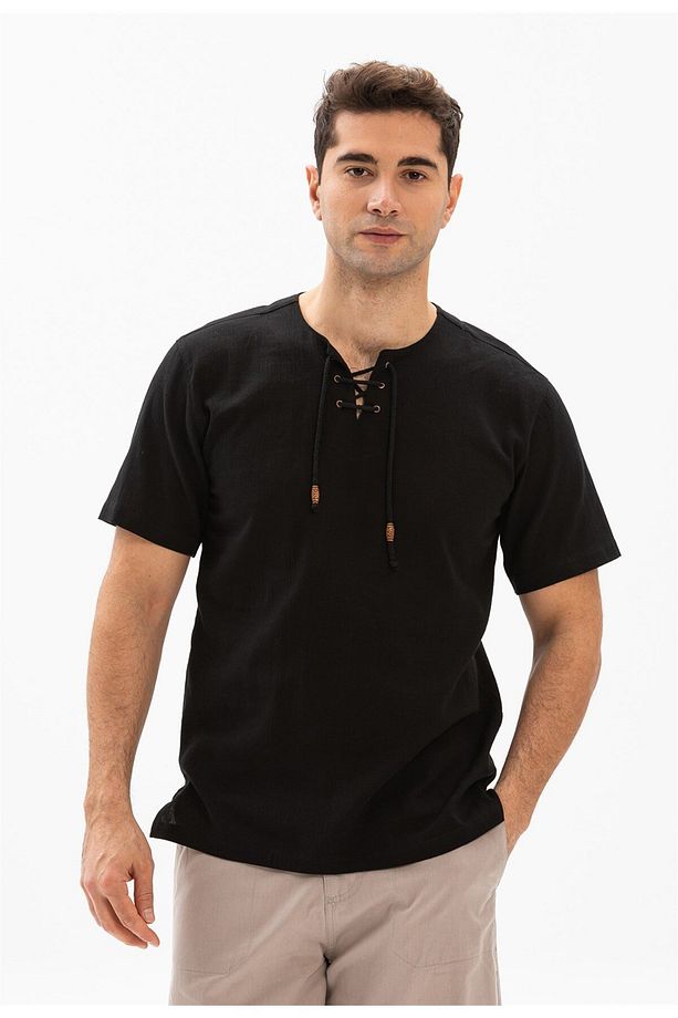 Kısa Kol Şile Bezi Zımbalı Erkek Yazlık Tshirt Siyah 3003 - 1