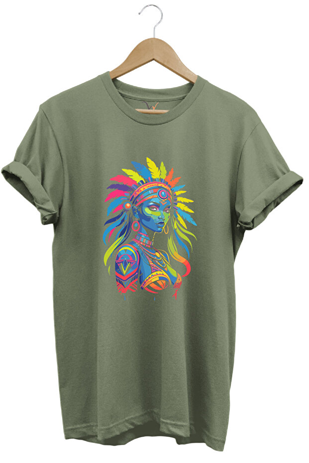 Colorful Native American Printed 100% Cotton Regular Fit Crew Neck Khaki T-Shirt
