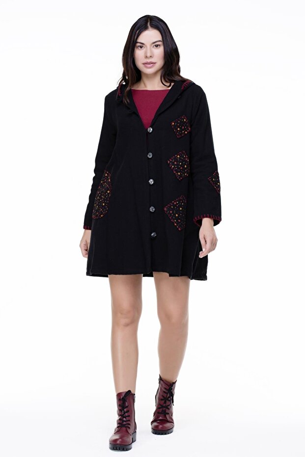 Long Sleeve Hooded Action Flannel Autumn and Winter Coat Black Syh