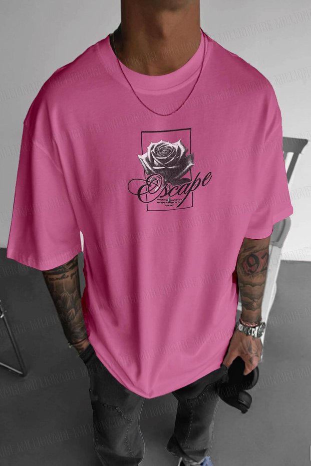 Men's Fuchsia Pink Black Rose Oversize Fit Loose Wide Fit Loose Cut T-Shirt