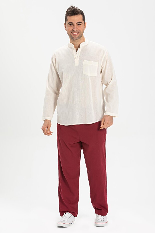 Plus Size Sile Cloth Long Sleeve Single Pocket Judge Collar Men's Summer Tshirt Cream 3002