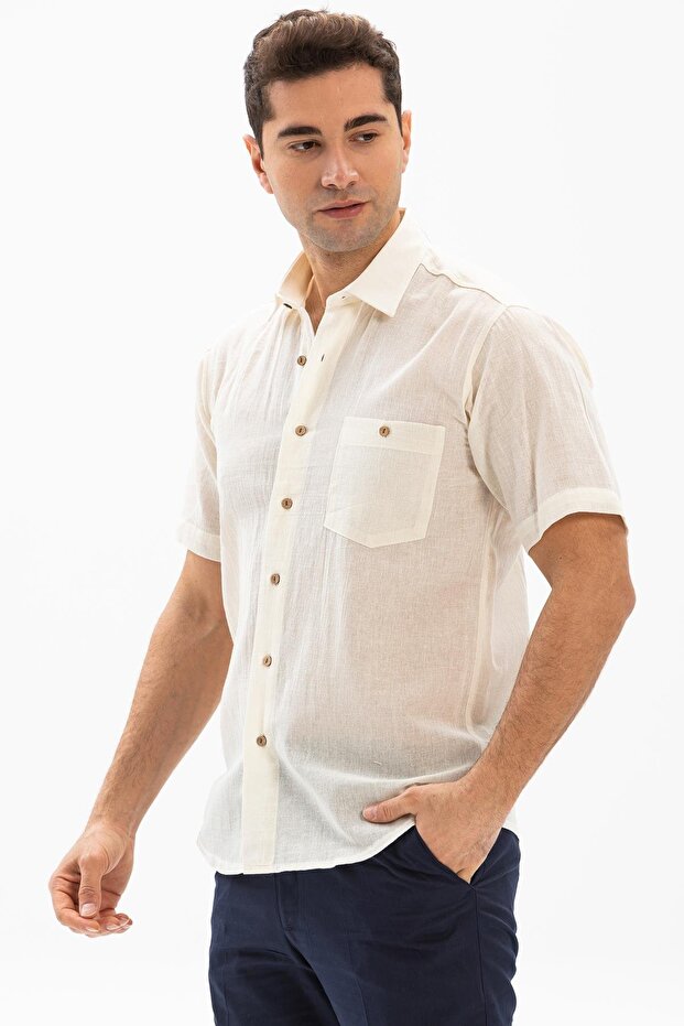 Short Sleeve Sile Cloth Single Pocket Men's Summer Shirt Cream 3002