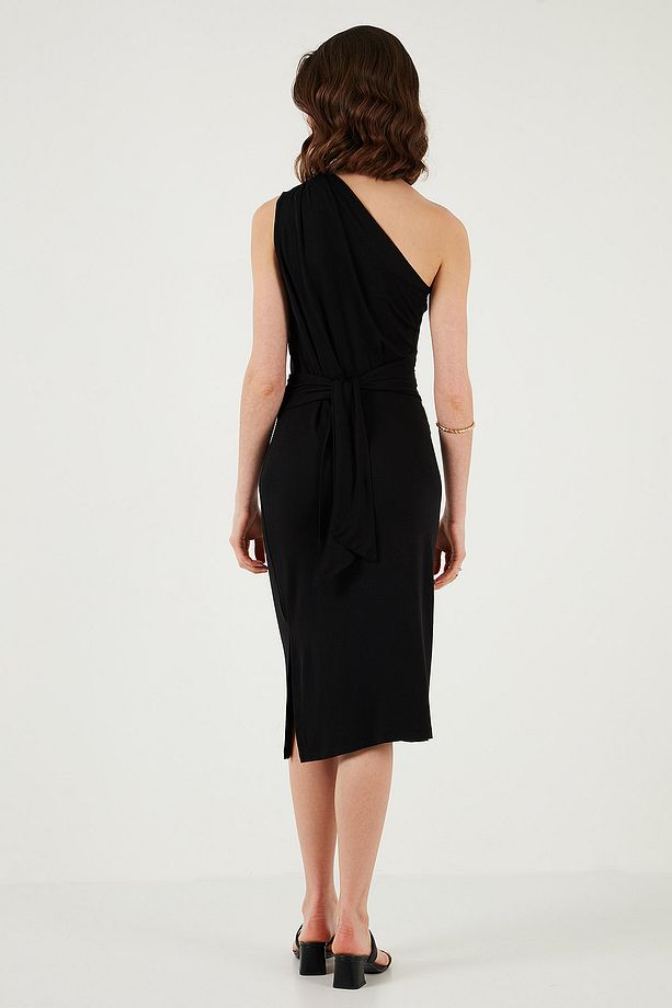 Slim Fit Tek Omuzlu Yırtmaçlı Bağlama Detaylı Midi Elbise ELBİSE 5866272 - 8
