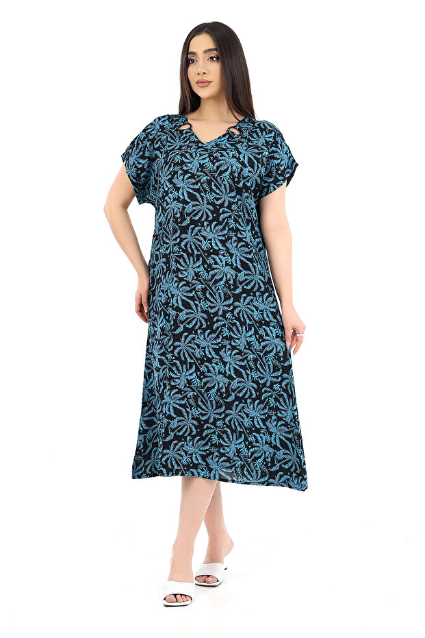 Women's Viscose Half Sleeve V-Neck Dress with Ring Pockets Petrol Blue