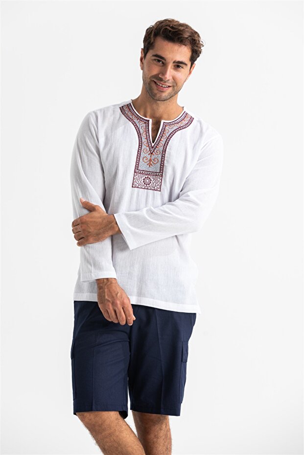 Long Sleeve Sile Cloth Crew Neck Ethnic Men's Summer T-shirt White Byz