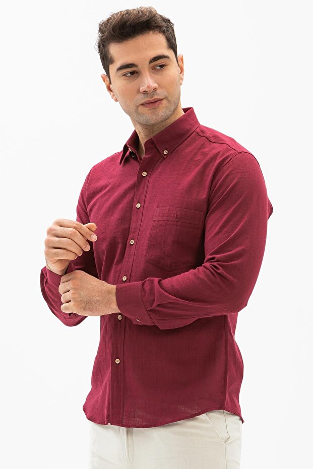 Long Sleeve Slim Fit Şile Cloth Single Pocket Men's Summer Shirt Dark Claret Red 3068