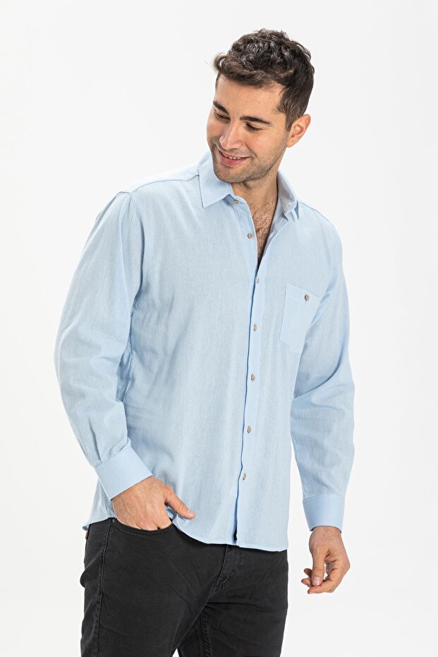 Long Sleeve Sile Cloth Single Pocket Men's Summer Shirt Ice Blue 3027