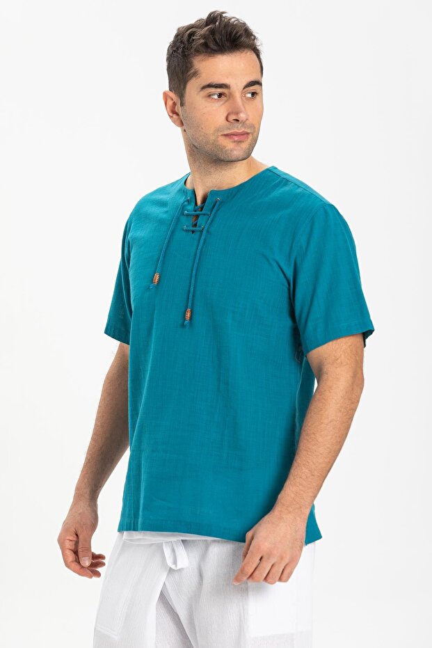 Short Sleeve Sile Cloth Studded Men's Summer Tshirt Petrol 3053