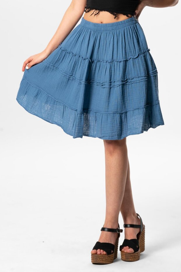 Benan Elastic Waist Short Summer Muslin Skirt Indigo indg
