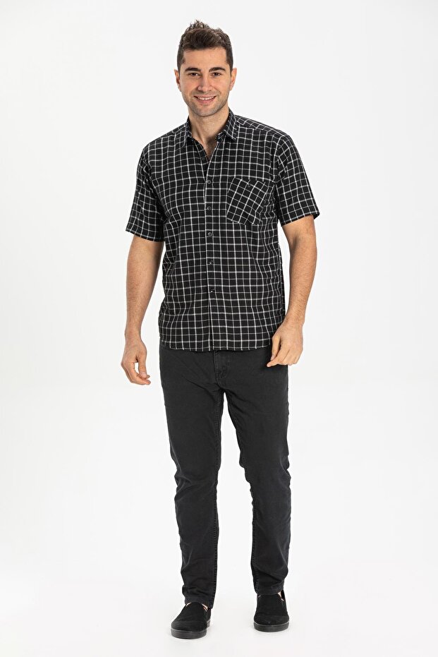 Short Sleeve Sile Cloth Single Pocket Men's Summer Shirt Black Checkered 3055