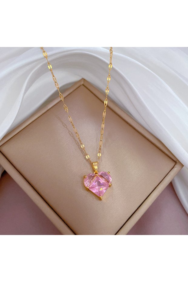 N1877 DIEYURO 316L Stainless Steel Heart Pink Zircon Pendant Necklace For Women New Girls Clavicle C