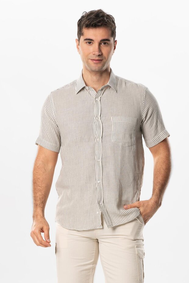 Short Sleeve Sile Cloth Single Pocket Men's Summer Shirt Black Cream Striped 3081