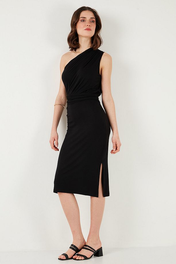 Slim Fit Tek Omuzlu Yırtmaçlı Bağlama Detaylı Midi Elbise ELBİSE 5866272 - 6
