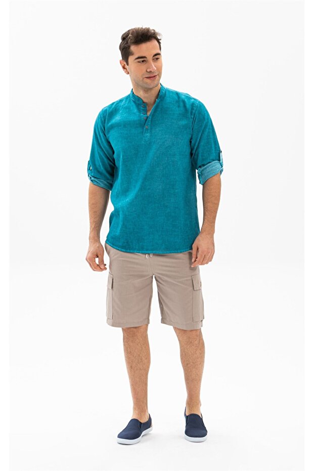Long Sleeve Şile Cloth Bodrum Men's T-shirt Turquoise 9013
