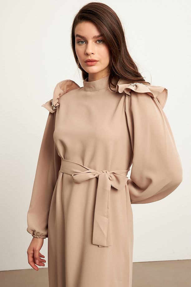 Layla Aksesuarlı Elbise - Vizon - 5