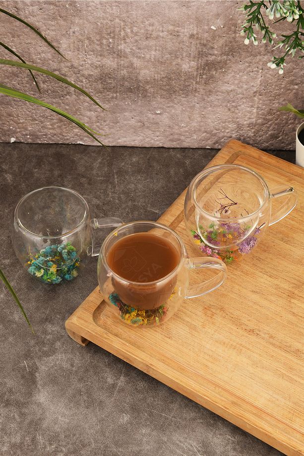 Çift Camlı Cidarlı Kulplu Bardak 150ml Çiçek Dekorlu Isıya Dayanıklı Bardak - 4