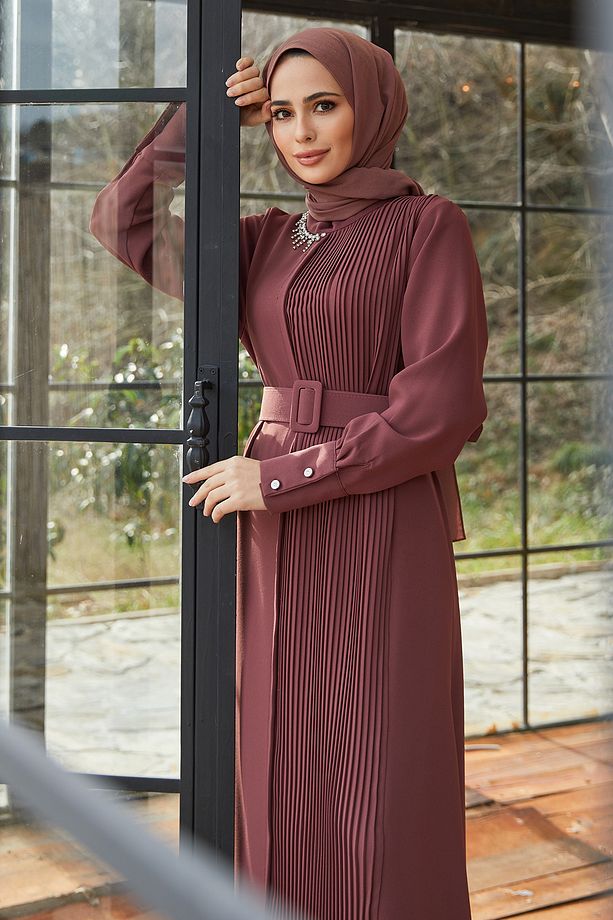 Piliseli Kemerli Elbise - Gül Kurusu - 1