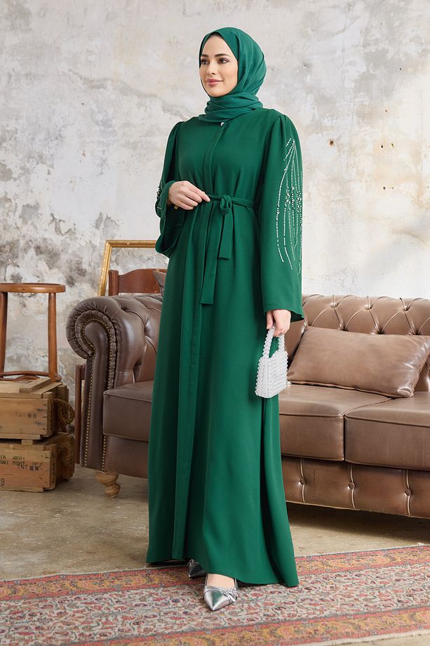 Rona Kolları Desenli Abaya - Zümrüt - 1