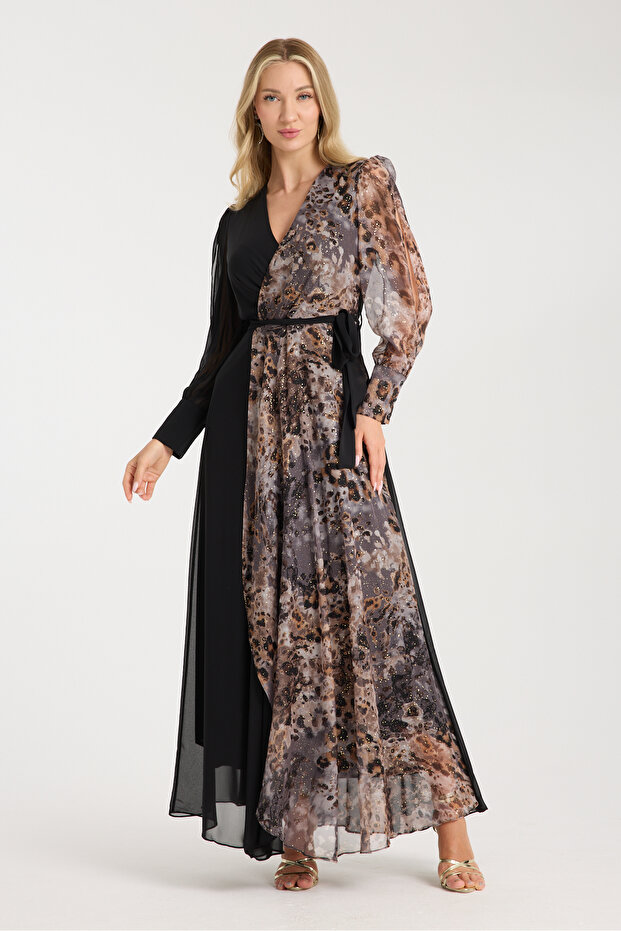 BLACK LEOPARD PRINT FOIL PRINTED CHIFFON DRESS LINED INSIDE