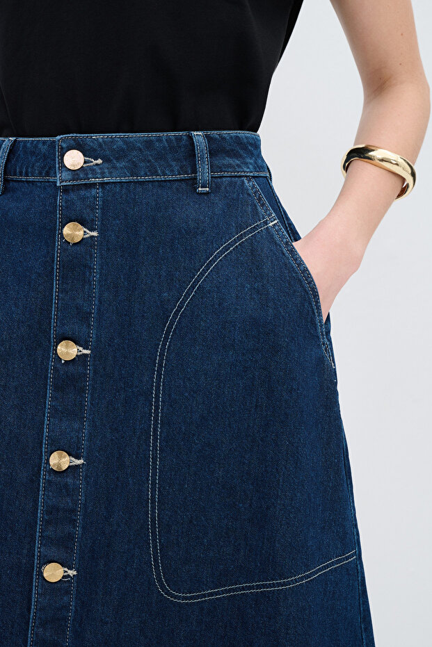 Düğmeli Denim Etek - 4
