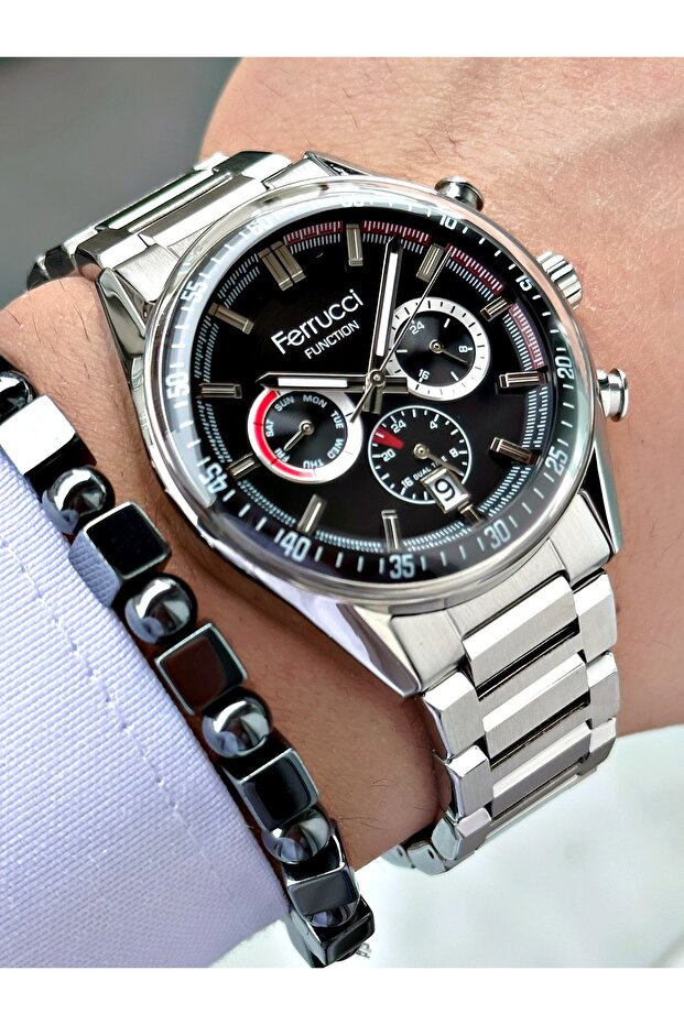 Ferrucci̇ Function Black Dial Silver Metal Men's Wristwatch with Calendar