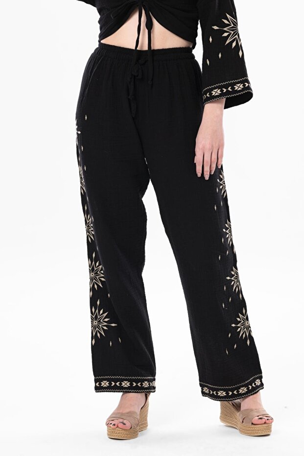 Elastic Waist Daylight Summer Muslin Trousers Black Syh